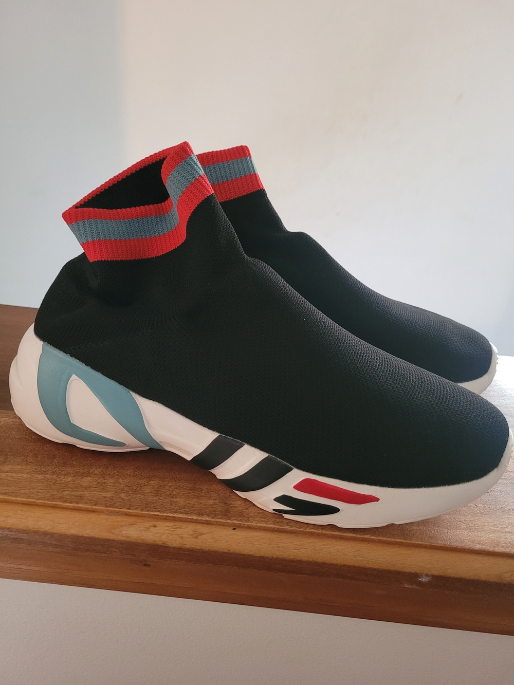 Women’s Black Sock Sneakers with Red & Blue Stripe Collar